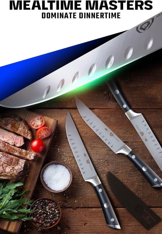 Non Serrated Steak Knives Set of 4-5 inch Straight Blade Steak Knife Set - Sheaths - Forged German Steel - Black G10 Handle - Gladiator Series Elite - Dinner Set - NSF Cuchillos para Carne