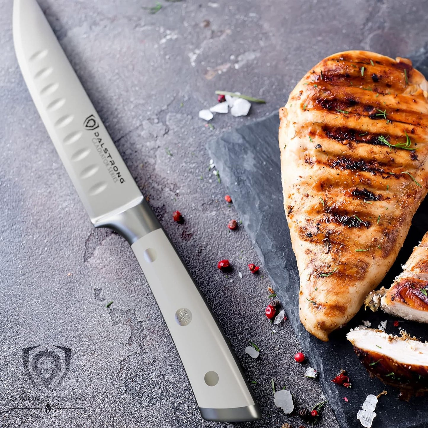 Non Serrated Steak Knives Set of 4-5 inch Straight Blade Steak Knife Set - Sheaths - Forged German Steel - Black G10 Handle - Gladiator Series Elite - Dinner Set - NSF Cuchillos para Carne