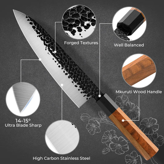 Japanese Chef Knife Gyuto Chef Knife - 8 Inch Professional Hand Forged Kitchen Knife High Carbon Japanese AUS-8 Stainless Steel Knife with Rosewood Handle & Gift Box