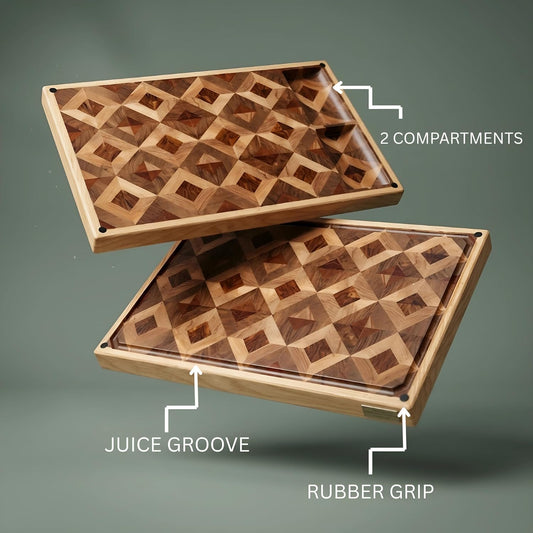 Walnut Oak Rosewood End Grain Cutting Board - 14x16 Large Wooden Butcher Block with Juice Grooves, Non-Slip Feet & Built-in Compartments - Reversible Board for Kitchen Decor & Charcuterie
