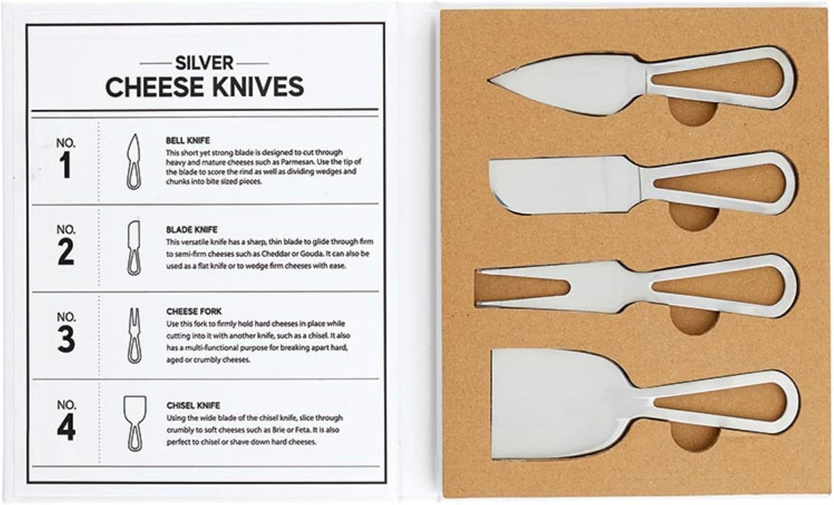 Cheese Knives - Gift Boxed Stainless Steel Wood Handled Bell & Chisel Knife & Fork Set, 3-Piece, Here for the Charcuterie