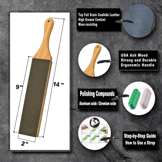 Leather Strop Kit with Polishing Compound, Knife Stropping Block for Sharpening & Honing Knives Tools (Black Leather, 2 Inch by 14 Inch)