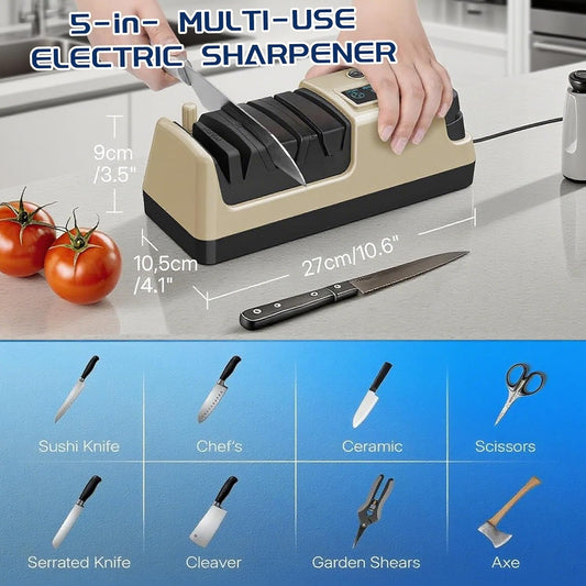 5-in-1 Electric Knife Sharpener for Kitchen Knives, Scissor Sharpener with 3-Speed & 100% Diamond Abrasives -Quickly Sharpening for Straight, Serrated, Cleaver Knives, Kitchen Gifts for Mom