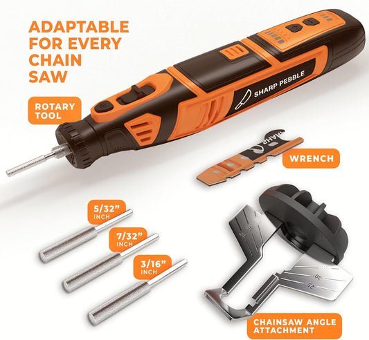Electric Cordless Chainsaw Sharpener Kit - Chain Saw Tool | 4 File Size Sharpening Wheels, Angle Attachment, Wrench & eBook - Sharpen Chainsaw Chains Anywhere, Anytime