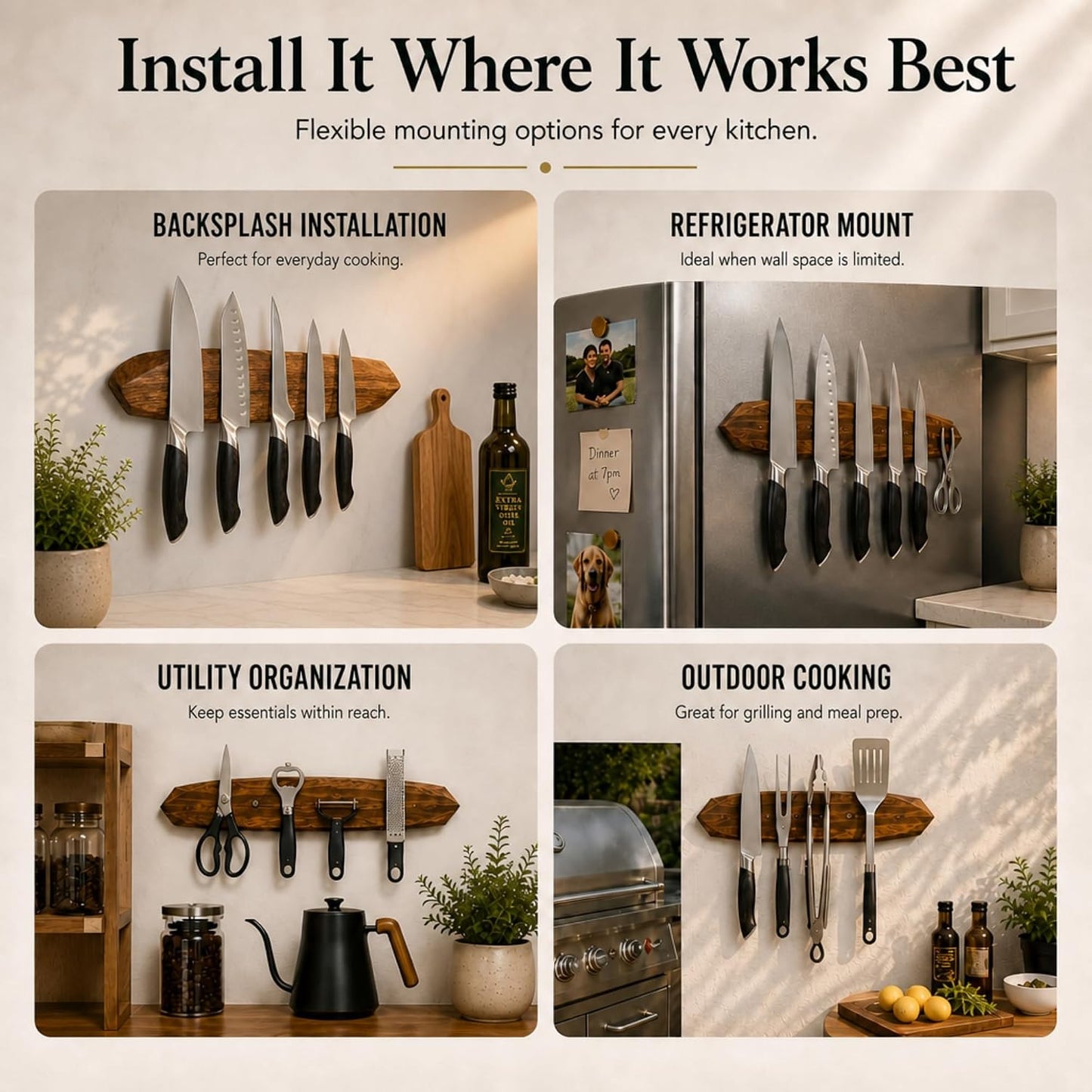Magnetic Knife Holder - Acacia Wooden Wall-Mount Magnetic Knife Strip & Organizer with 3M No-Drill & Screw Mount Options, Water-Resistant Universal Knife Holder | 12 Inches, Capacity 6.6 lb