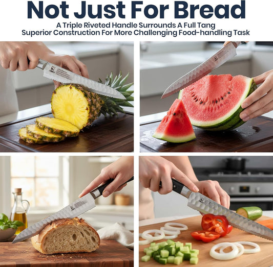 10'' Serrated Bread Knife for Homemade Sourdough with Sharpening Rod – Ultra Sharp Japanese J2 Stainless Steel Blade, Full Tang Design & Ergonomic Handle