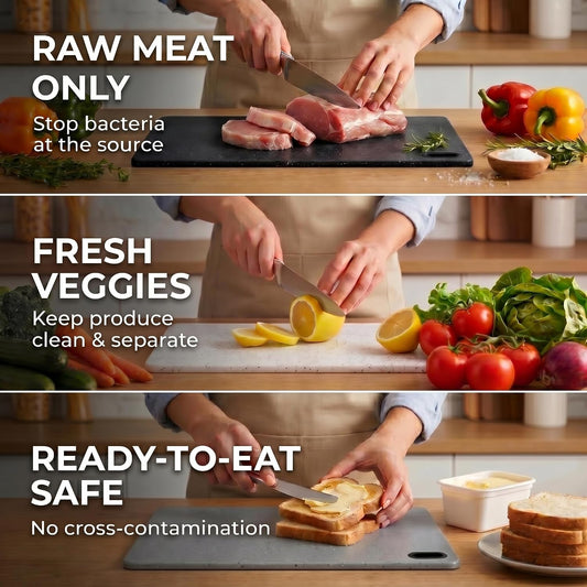 Plastic Cutting Boards Set of 3, Stone-Look Color-Coded | BPA-Free Premium Food-Grade Plastic, Non-Slip, Reversible, Easy to Clean, White Gray Black, 3 Same-Size Boards