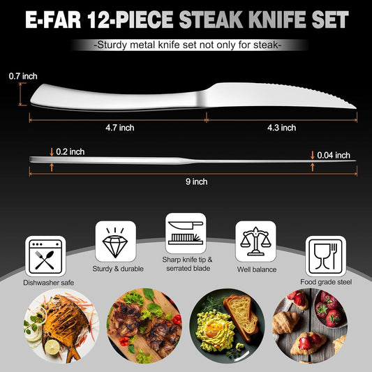 Serrated Steak Knives Set of 12, Stainless Steel Dinner Knife for Home Kitchen Restaurant, 9 Inch Table Knife with Ergonomic Handle and Sharp Tip & Blade, Mirror Silver & Dishwasher Safe
