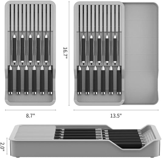 Expandable Knife Drawer Organizer Adjustable Knife Holder – In Drawer Knife Block with Non Slip Base, Space Saving Kitchen Drawer Insert for Home (silver)