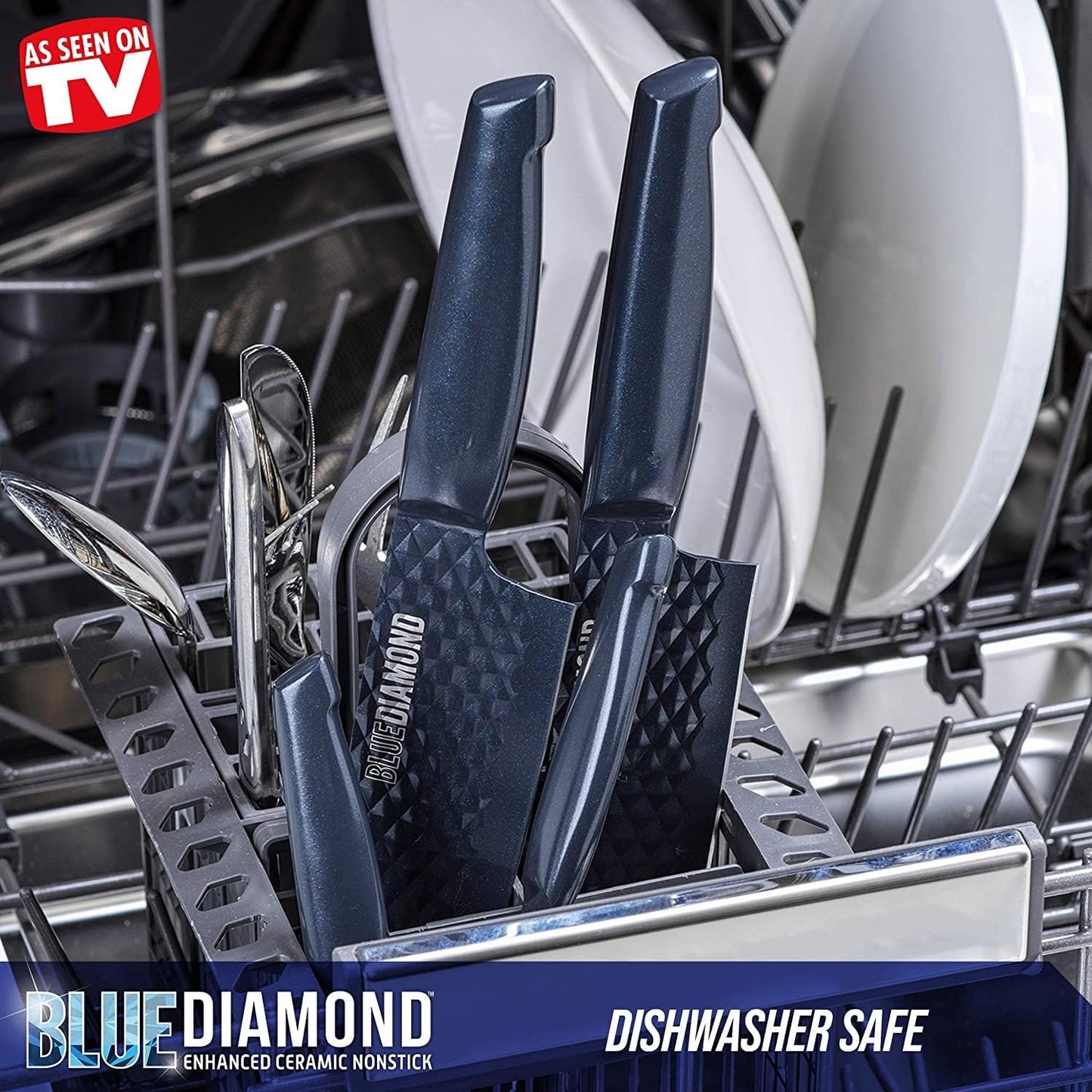 Blue Diamond Sharp Stone Nonstick Stainless Steel Cutlery, 3 Piece Set including Chef Serrated and Pairing Knives with Covers, Diamond Texture Blade, Dishwasher Safe, Blue