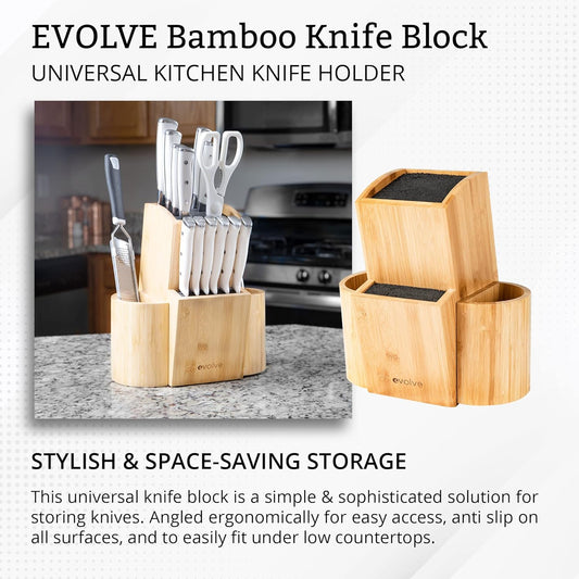 Bamboo Knife Block - Universal Kitchen Knife Holder - Safe & Space Saver Knife Storage that Covers Knife Blades Up To 9” & Holds Up To 20 Knives with Machine Washable & BPA Free Flex Rods.