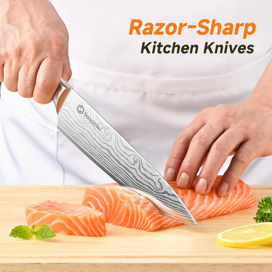 Knife Set with Block and Sharpener, 15 Piece Kitchen Knife Block Set Sharp Kitchen Knives High Carbon Stainless Steel with White Handles