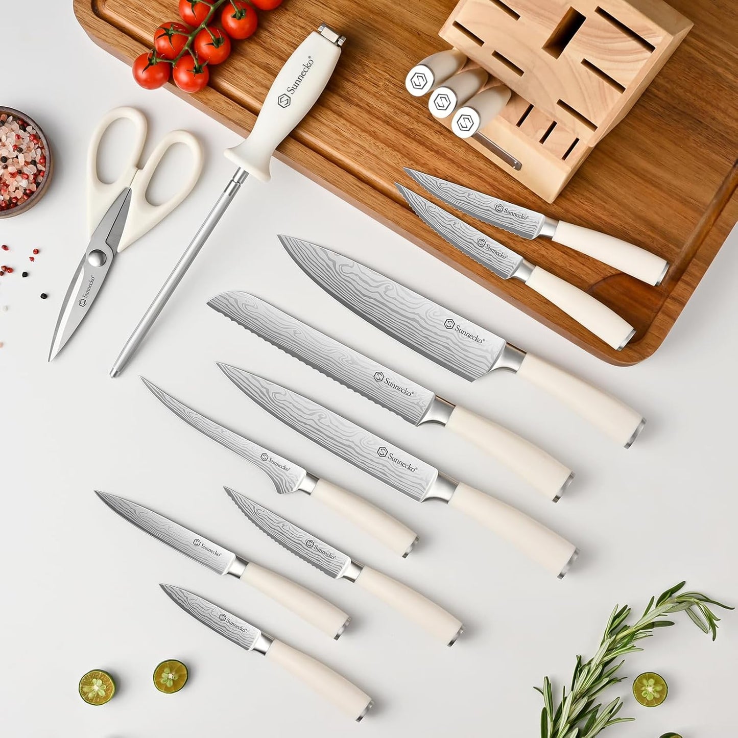 Knife Set with Block and Sharpener, 15 Piece Kitchen Knife Block Set Sharp Kitchen Knives High Carbon Stainless Steel with White Handles