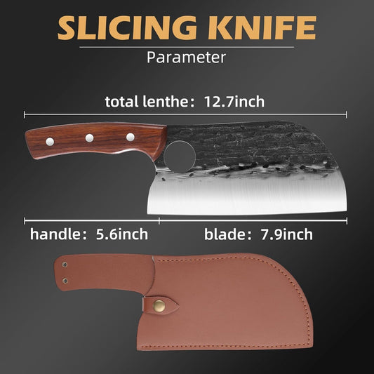 8 Inch Serbian Butcher Knife, Hand Forged Meat Cleaver | Meat Cutting Knife, Ergonomic Wood Handle, Ideal for Kitchen, BBQ & Outdoor Cooking