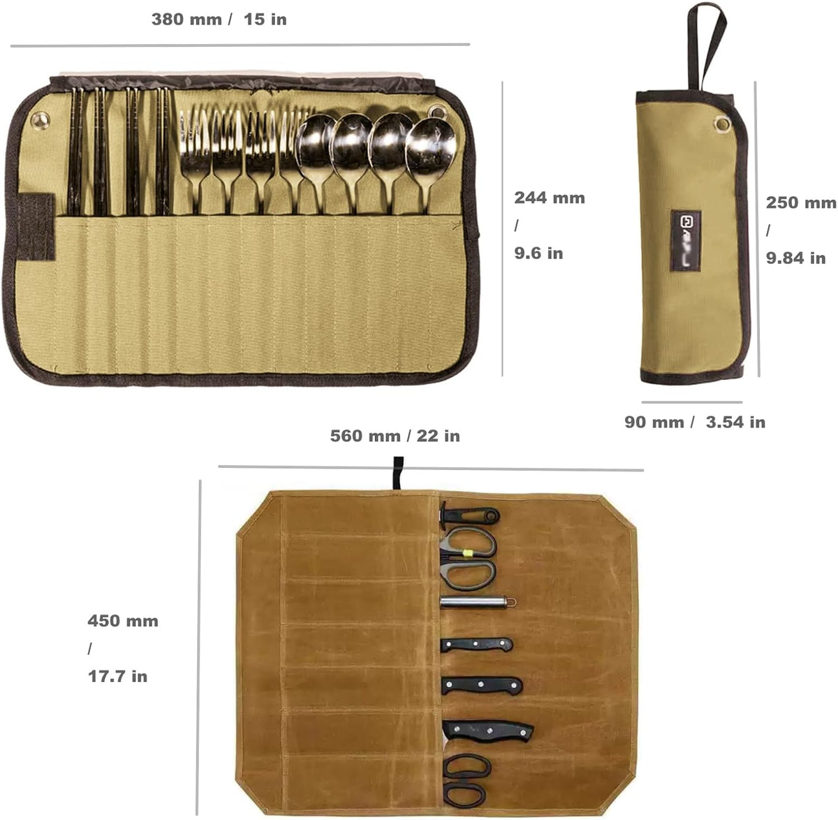 2-Pack Canvas Chef Knife Roll Bag | Portable Camping Utensil Bag | Knives Pouch Multiple Slots for Knives & Utensils, Roll-Up Design,Ideal for Camping, BBQ, Travel,Home & Professional Chefs