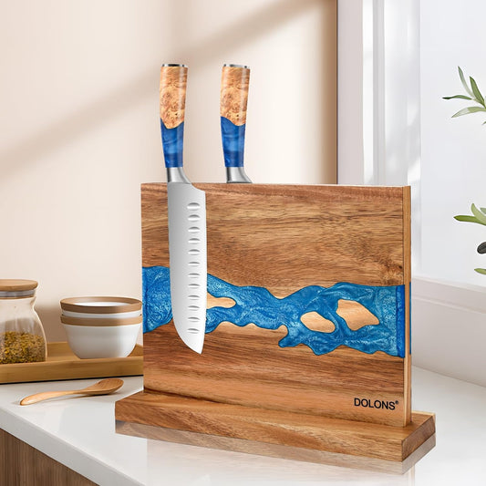 Magnetic Knife Block,Acacia Wood And Resin Kitchen Magnetic Knife Holder,Equipped with strong magnets,Multifunctional Double Side Knife Storage Organizer for Kitchen Counter ,Gifts for new home