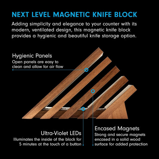 Next Level Magnetic Knife Block, Acacia - Modern, Ventilated & Lighted with UV LEDs - Holds 16 Knives or Steels & Scissors - 12"w x 9"h x 5"d