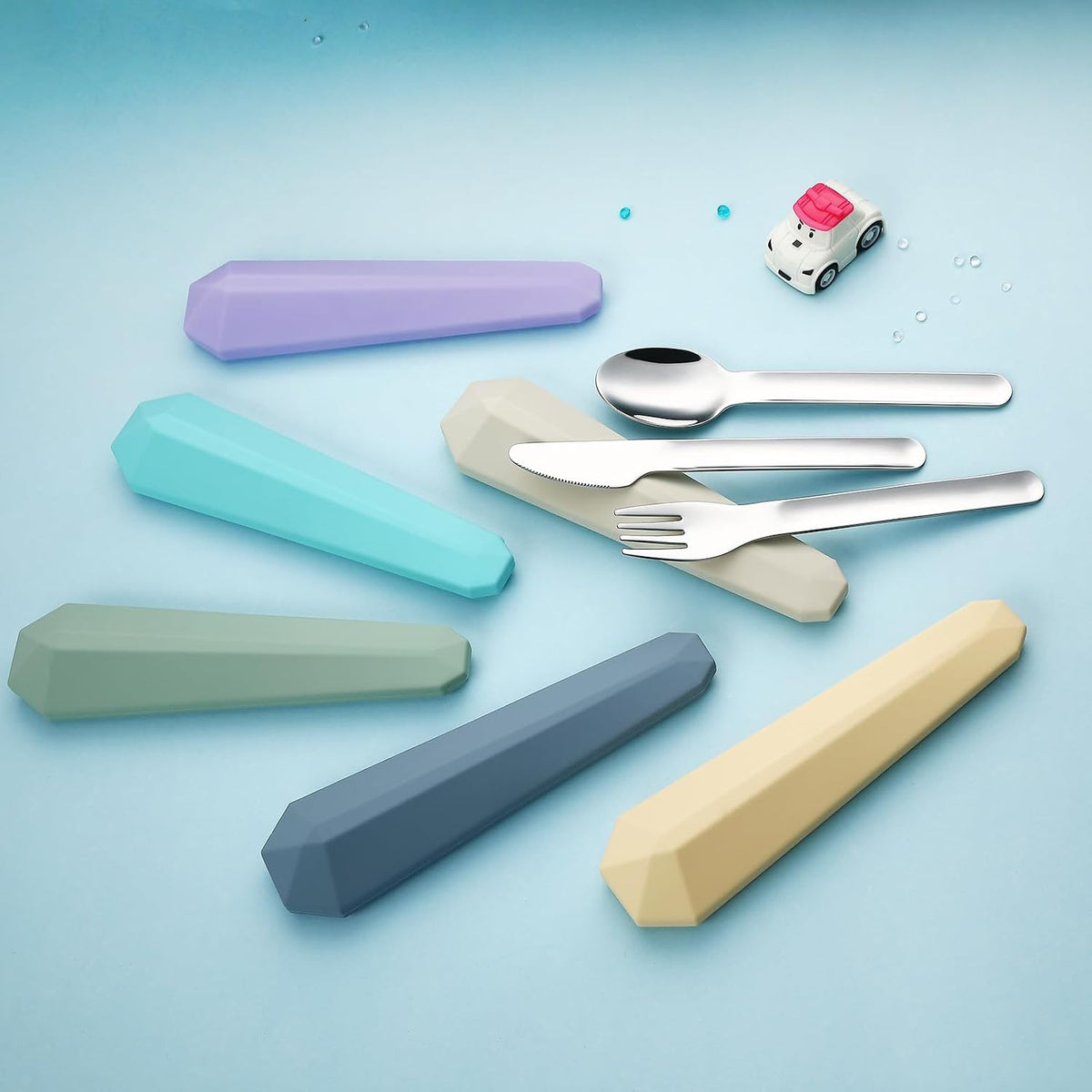 Utensils for Lunch Box, 4Pcs Travel Silverware Set with Case, Teal | Portable Silicone Case, 18/8 Stainless Steel Fork Spoon Knife Set for Work School Picnic, Reusable Camping Cutlery for Kids