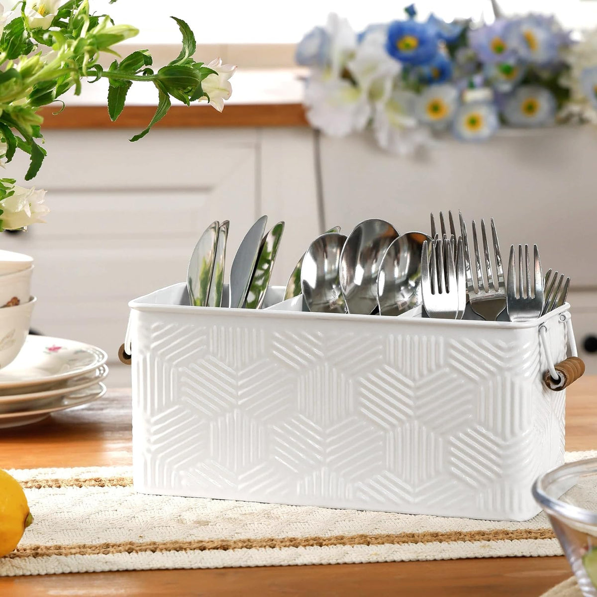 White Silverware Caddy for Party, Kitchen Flatware Holder | Metal Countertop Cutlery Organizer with 3 Compartments for Utensils, Spoons, Knives, Forks, Cups