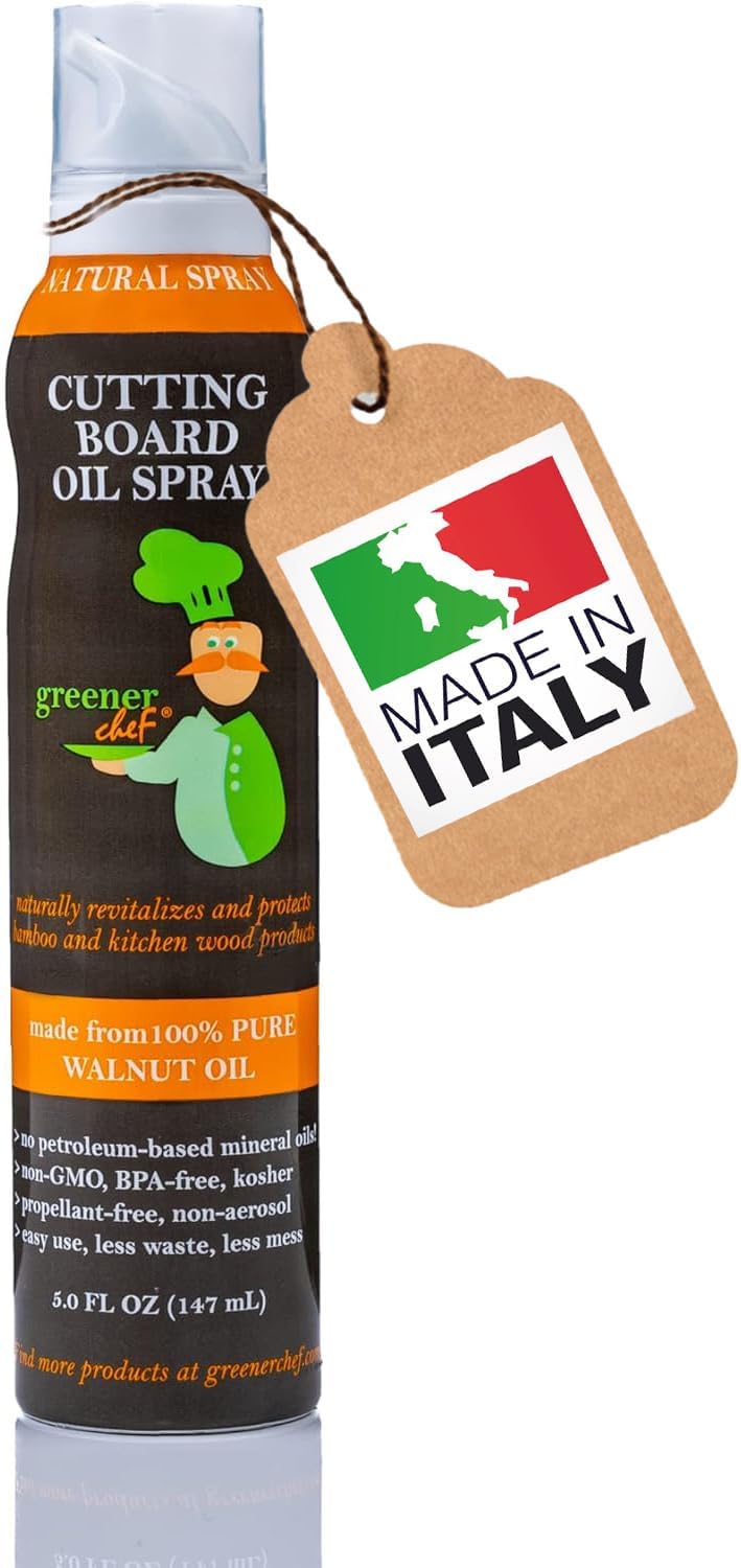Non Toxic Cutting Board Oil - Innovative Spray for No Mess and Less Waste - Pure Italian Walnut Oil Conditioner for Wood Butcher Blocks, Bamboo Chopping Boards and Wooden Kitchen Utensils