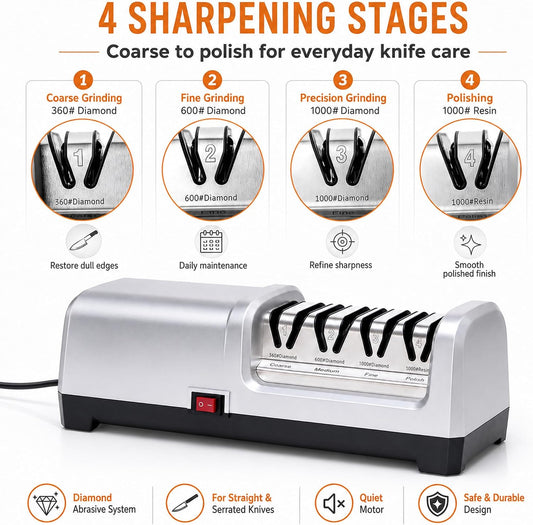 4-Stage Professional Electric Knife Sharpener | Heavy Duty Diamond Sharpening System for Straight & Serrated Knives - Quiet Motor for Kitchen & Chef Use
