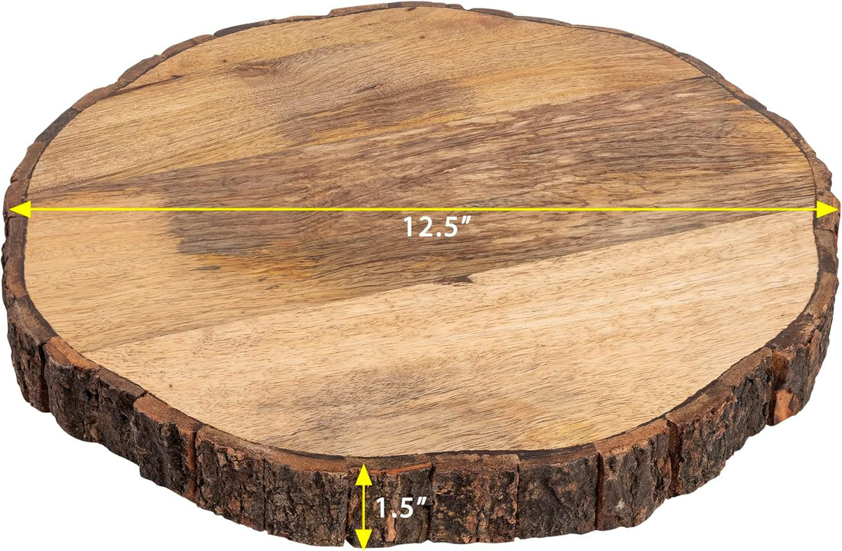 Wooden Round Cutting Board with Tree Bark Rim | 1.5" Thick Mango Wood Live Edge Chopping, Prep, Serve Board | Charcuterie Platter - 12.5"