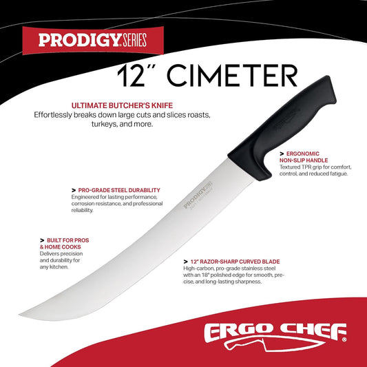 Prodigy Series 12-Inch Cimeter Breaking Knife - High Carbon Stainless Steel Butcher Knife with Curved Blade, Ergonomic Non-Slip Handle, Black