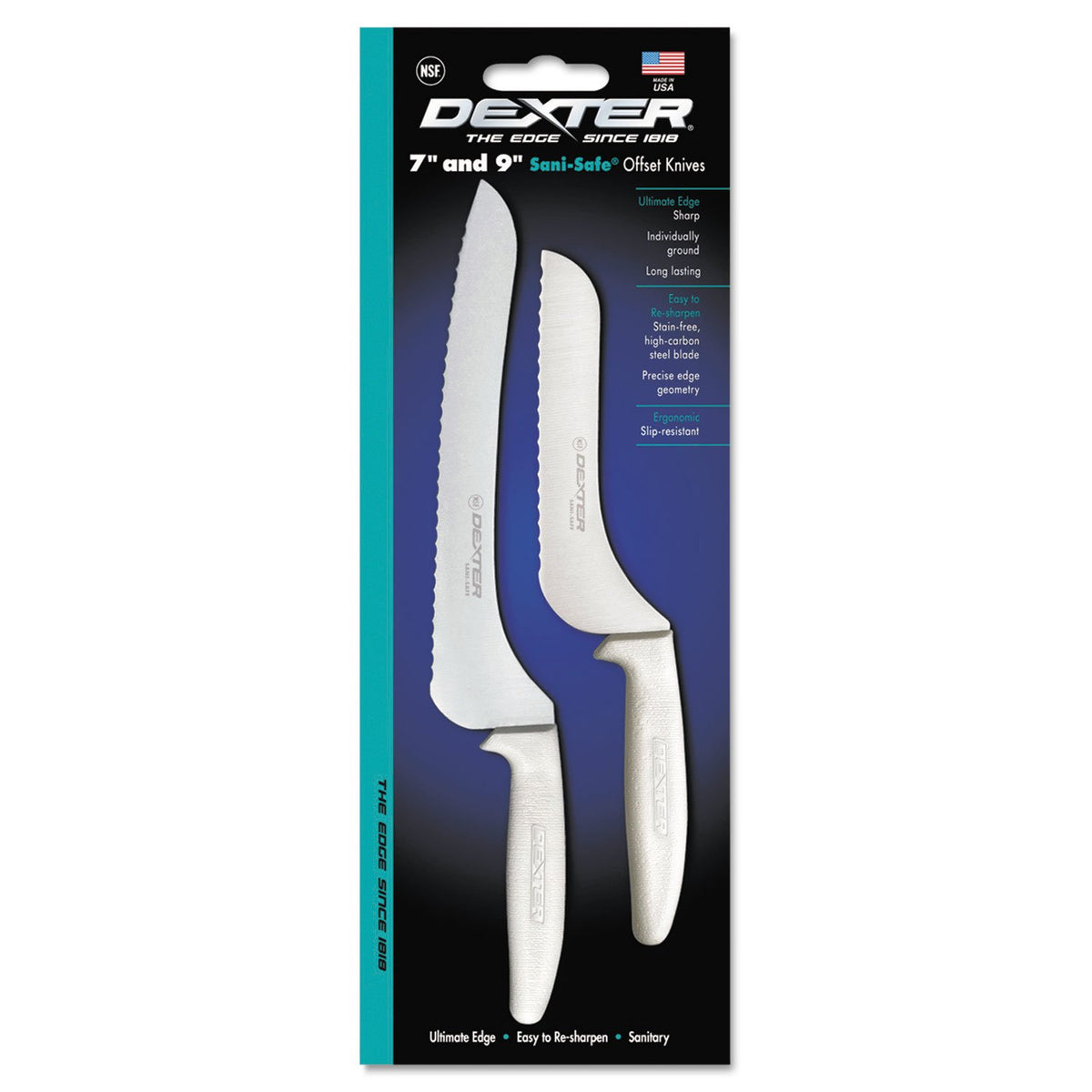 S163-7SC/9SC Sani-Safe 20373 Bread Knife Set, 2 Piece Collection with 7" and 9" Scalloped Offset High Carbon Steel Blades and Textured Polypropylene Handles, NSF Certified, Made in USA