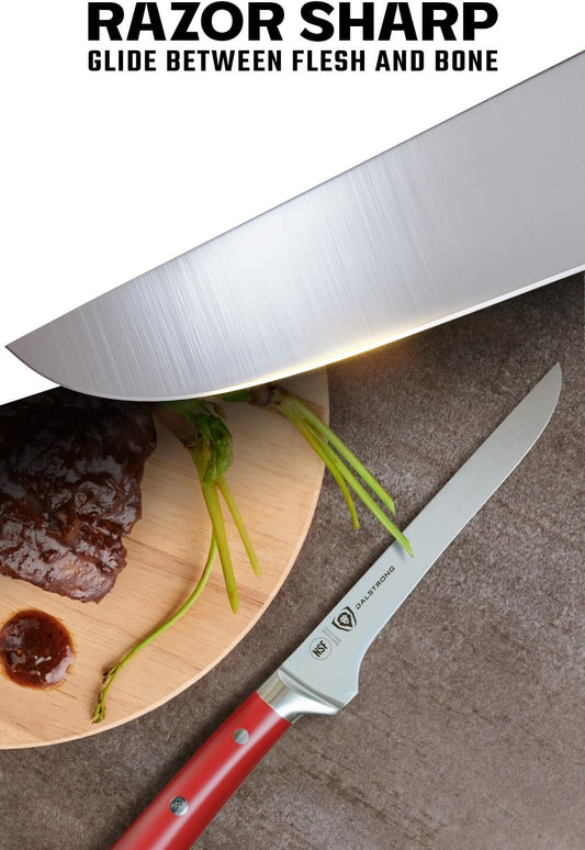 Boning Knife - 6 inch - Gladiator Series - High Carbon German Steel - Crimson Red ABS Handle - Meat Carving, Trimming, Deboning - w/Sheath - NSF Certified