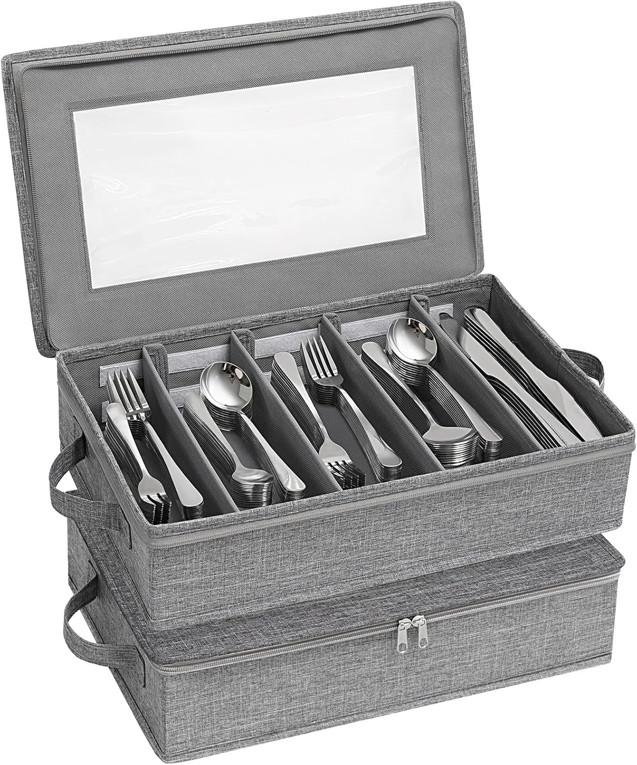 Silverware Storage Box, Covered Flatware Organizer with Zipper Lid, 5 Compartment Cutlery Case with Adjustable Divider and Handle, Utensil Container for Spoon Fork Knives, 1 Pack