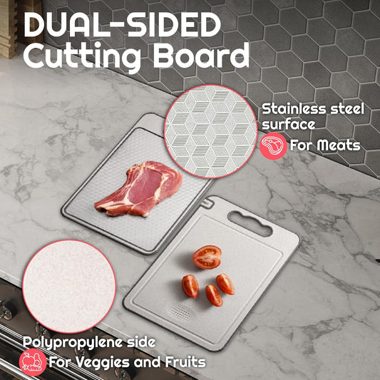 Double-Sided Stainless Steel Cutting Board for Meat & Vegetables – Non-Toxic, Easy to Clean, Includes Cut-Resistant Gloves & Sharpener