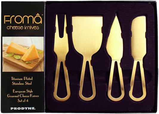 Set of 4 Cheese Knives Set, Titanium Plated Stainless Steel Knives, Gold Metal Color