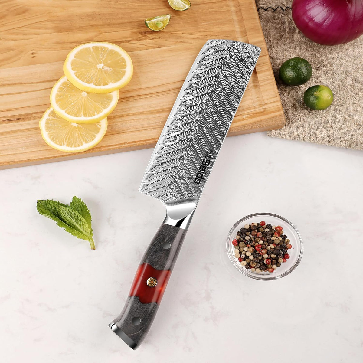 Seido Inferuno 7 Inch AUS-10 Damascus Nakiri Knife, Maple Resin Handle | 73-layer Damascus steel with AUS-10 core for vegetable chopping, slicing, and clean kitchen prep