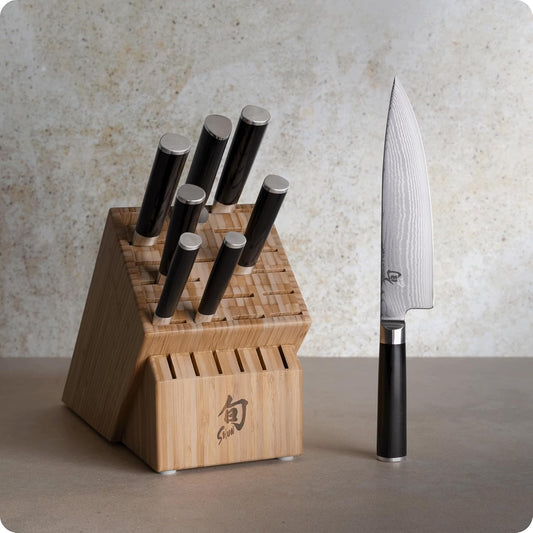 Classic 9 Piece Chef's Block Set | Includes 7 Classic Knives, Honing Steel and 22-Slot Knife Block, Damascus Stainless Steel Cladding, Pakkawood Handle