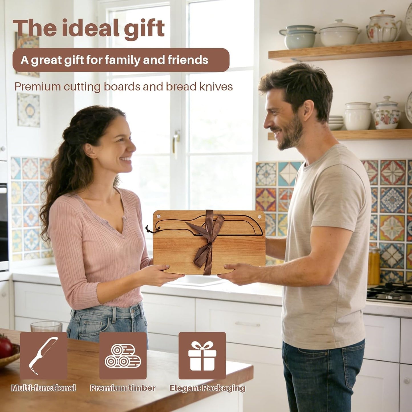 Wooden Bread Cutting Board with Bow Bread Slicer Set, Includes 2 Stainless Steel Blades and Removable Knife for Slicing Homemade Sourdough, Baguettes and Artisan Bread