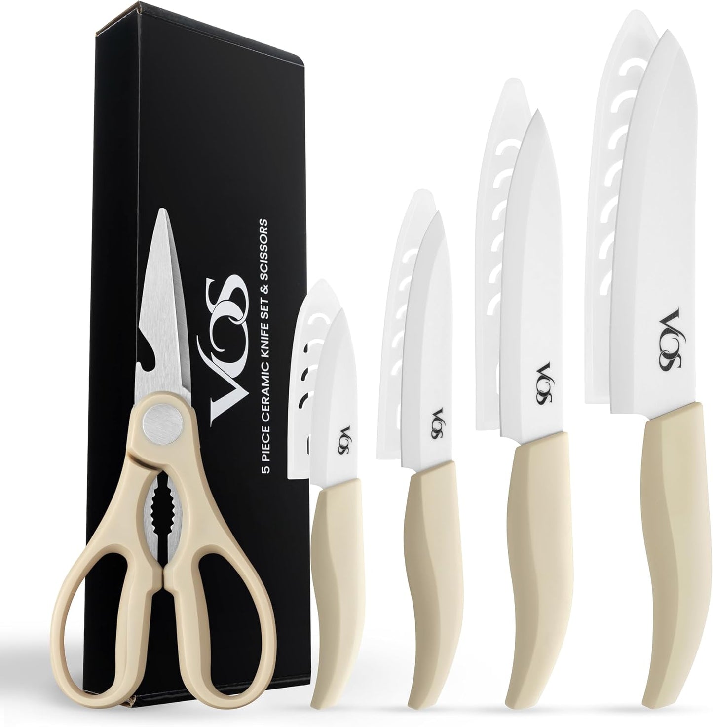 ceramic knives set for kitchen in gift box, set of 2 ceramic knife with cover, 5.5" santoku & 4.5" utility for home cooks, Ultra Sharp, lightweight, rust-free, dishwasher safe (Off-white handle)