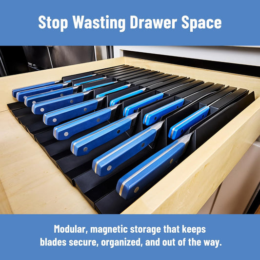 Modular Knife Storage - Magnetic Drawer Organizer, Holder for All Knife Brands up to 11 inches, Compact ABS Design, Easy to Clean - Large (15.75 × 2.25 × 2.5 in), White