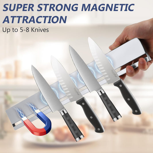 Magnetic Knife Holder for Wall, 16 Inch Stainless Steel Magnet Strip with 10 Hooks, No Drill Adhesive Tape & Screws, Kitchen Utensil Organizer, Wall Mounted Knife Storage
