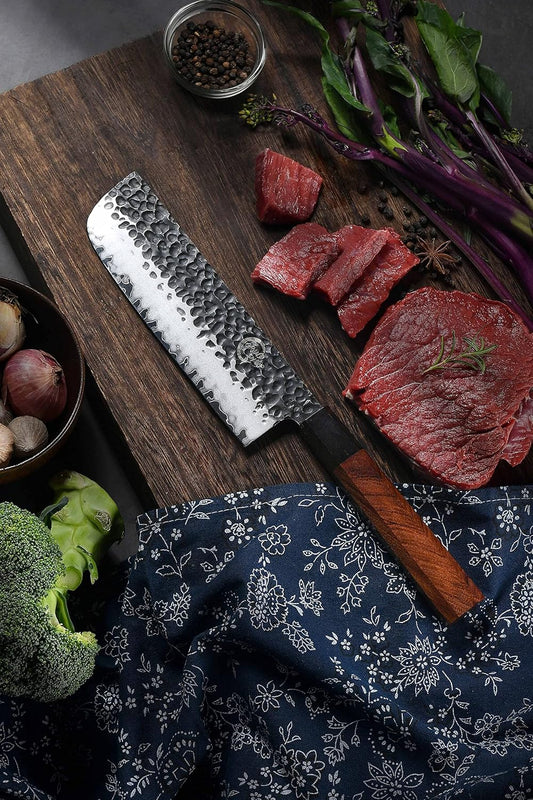 7 Inch Nakiri Chef Knife AUS10 3-layer High Carbon Stainless Steel Vegetable Kitchen Knife, Hand Forged Professional Sharp Multipurpose Nakiri Knife(Rosewood Handle & Gift Box)