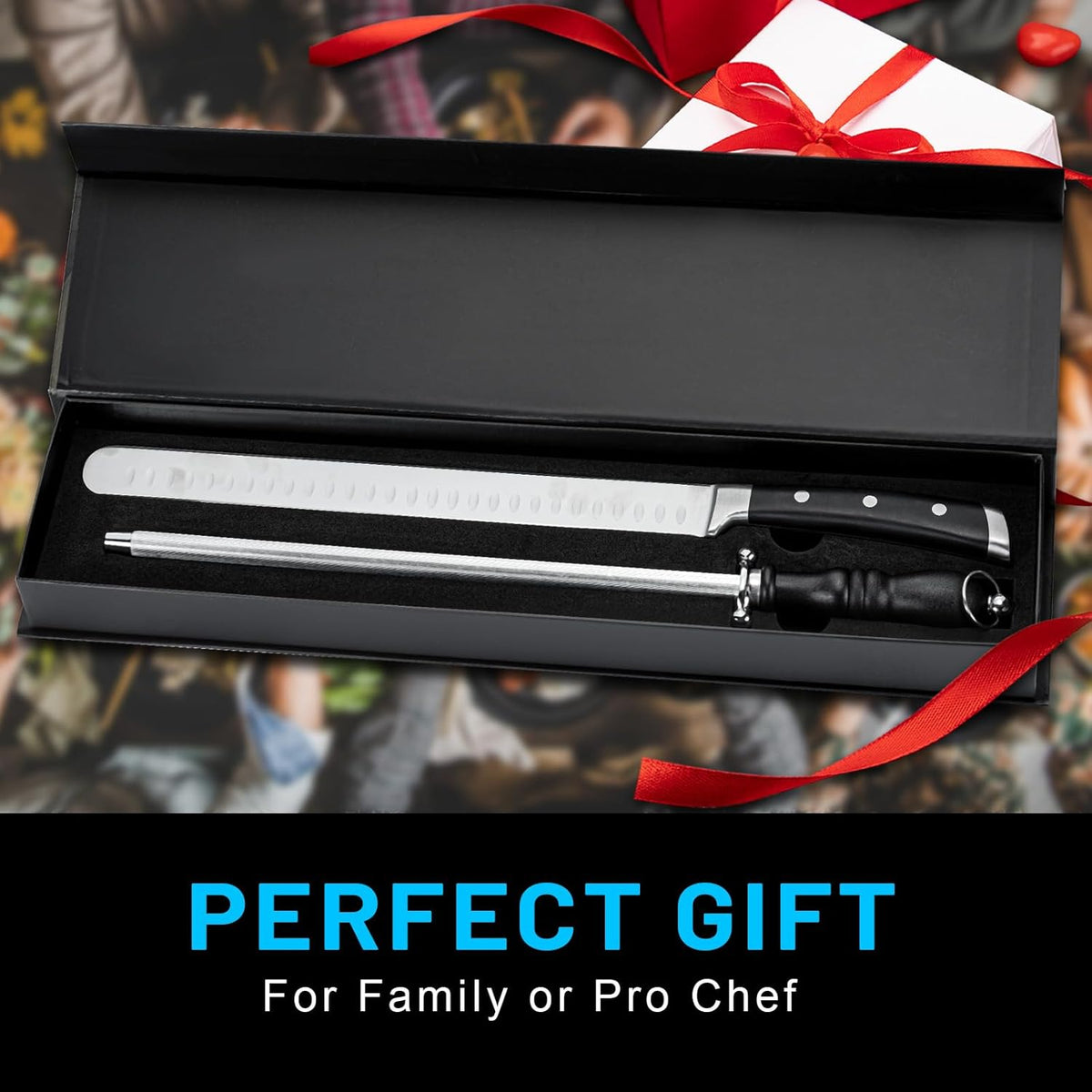 Brisket Slicer Kit, 12" Razor Sharp Meat Carving Knife & 12" Honing Rod for Kitchen Knives, Full Tang Slicing Knife Set with Gift Box