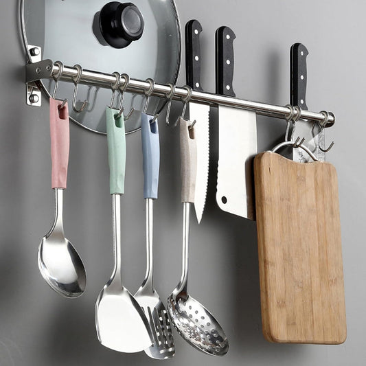 Utensil Hanging Rack Stainless Steel Rail Hanger Rod Wall Mounted Pot Pan Lid Holder Cookware Storage Organizer with Sliding Hooks for Kitchen Bathroom