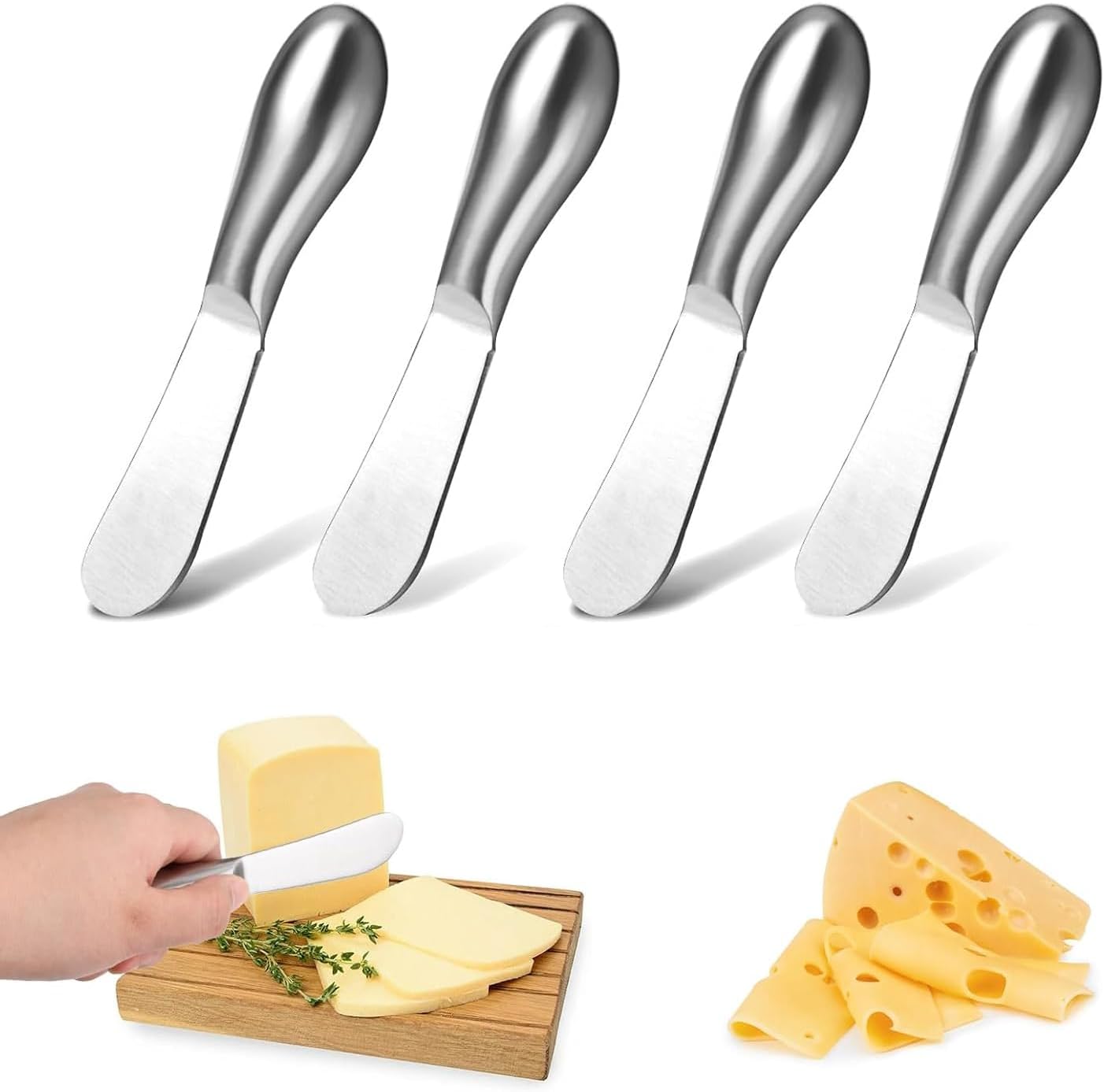 4-Piece Stainless Steel Butter Knife Set - Cheese & Butter Spreader Knives - Charcuterie Utensils - Dishwasher Safe - Silver