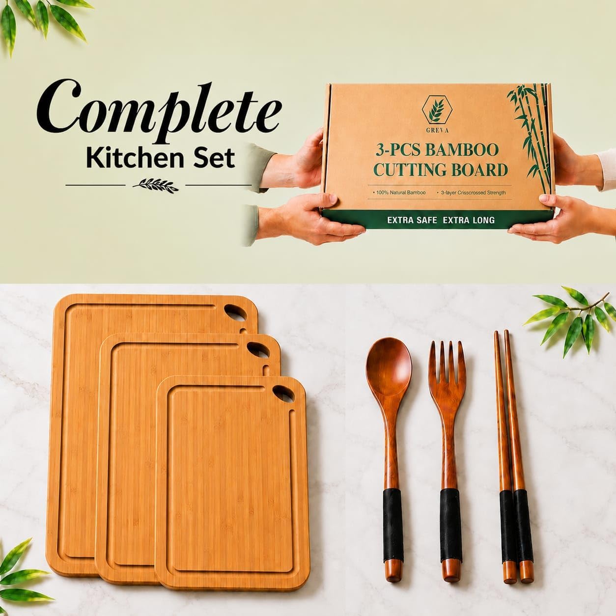 3 Piece Bamboo Cutting Board Set with Juice Grooves, Non-Slip Feet Built-in Handles, Deep Carbonized Wood for Meat Fruit and Cheese Includes 3-in-1 Wooden Cutlery Set