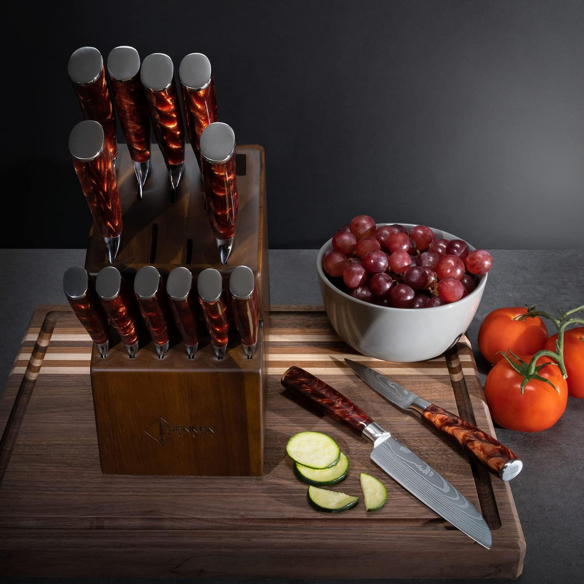 SENKEN 16-Piece Knife Block Set - Japanese High Carbon Stainless Steel with Damascus Pattern, Purple Resin Handles, 6 Steak Knives & Acacia Hardwood Block (Purple)