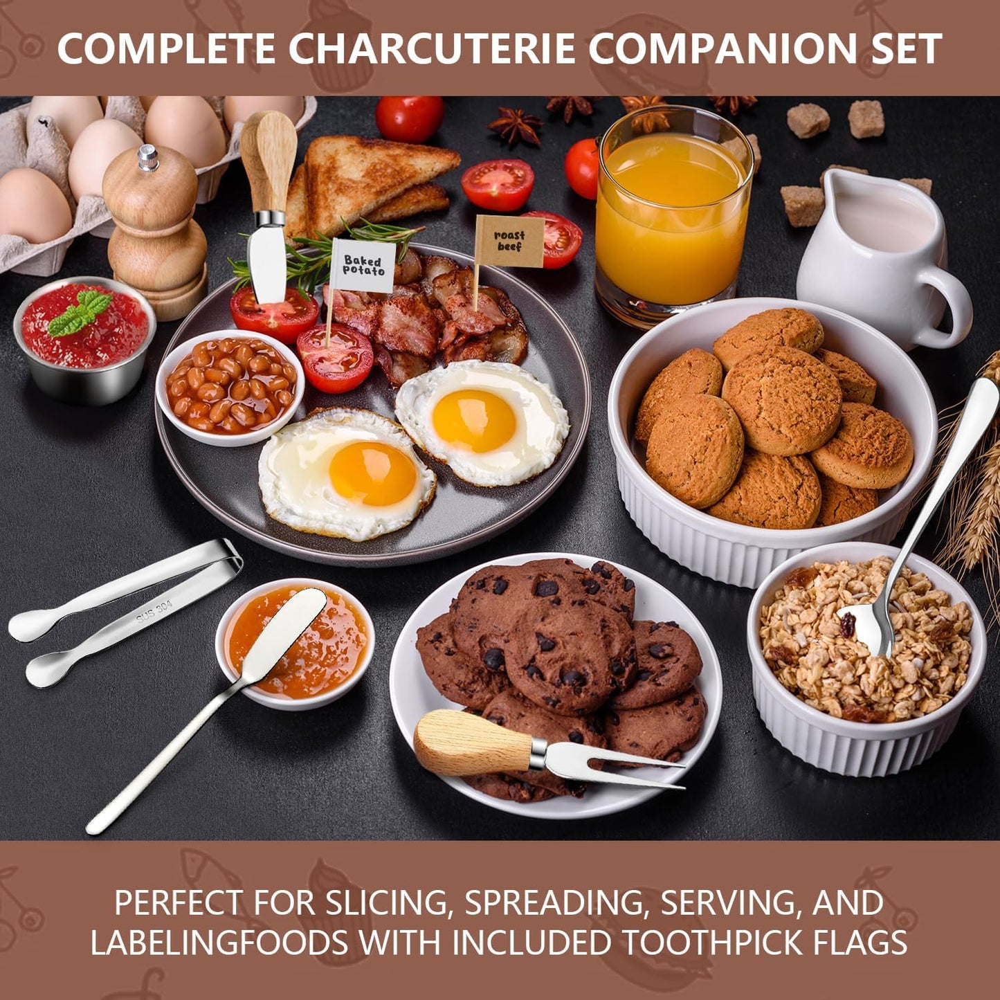Charcuterie Boards Accessories Gold Charcuterie Utensils Cheese Butter Spreader Knife Set Small Serving Tongs Forks and Spoons Dipping Bowls Honey Dippers Toothpick Flags for Party Platter Appetizers