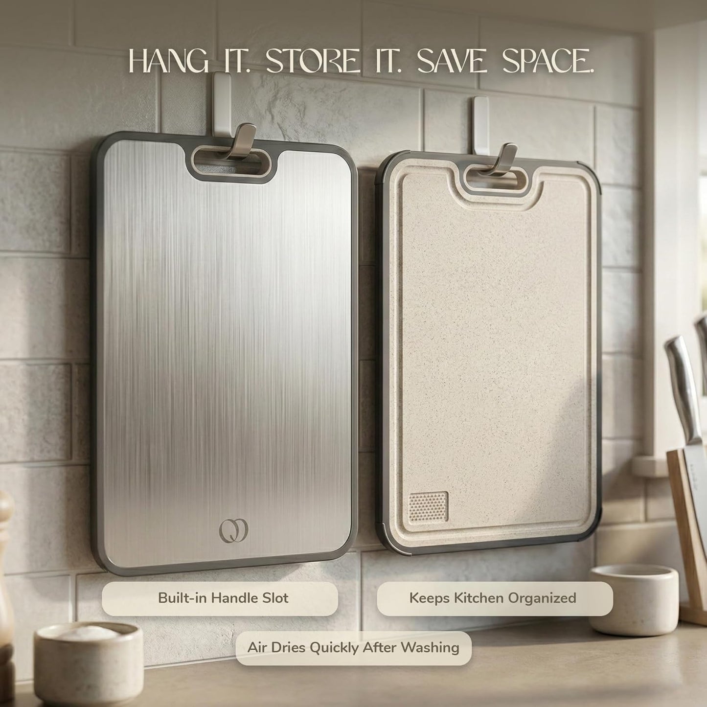 Titanium Cutting Board Double-Sided 2-in-1 (99.9% Titanium + PP), 15" x 10", with Accessories (Finger Guard, Glove, Thumb Knives) - Kitchen Metal Chopping Board for Meat, Fruits & Vegetables