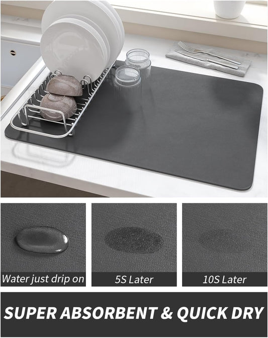 Coffee Mat Dish Drying Mat for Kitchen Counter-Bar Accessories, Hide Stain, Rubber Backed, Absorbent, Fit Under Coffee Maker, Espresso Machine, Pot, Dish Rack, 12"x19", Dark Grey
