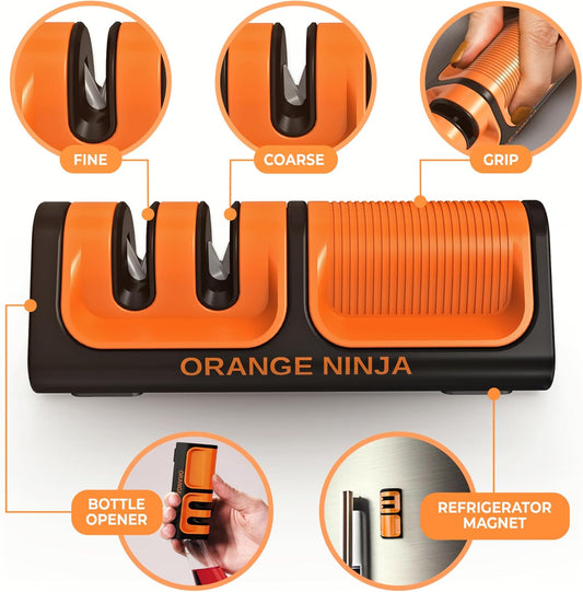 Orange Ninja Mini Knife Sharpener - Coarse & Fine Small Knife Sharpener | Easy to Use Handheld Knife Sharpeners for Kitchen Knives, Pocket Knives with Bottle Opener & Fridge Attachment
