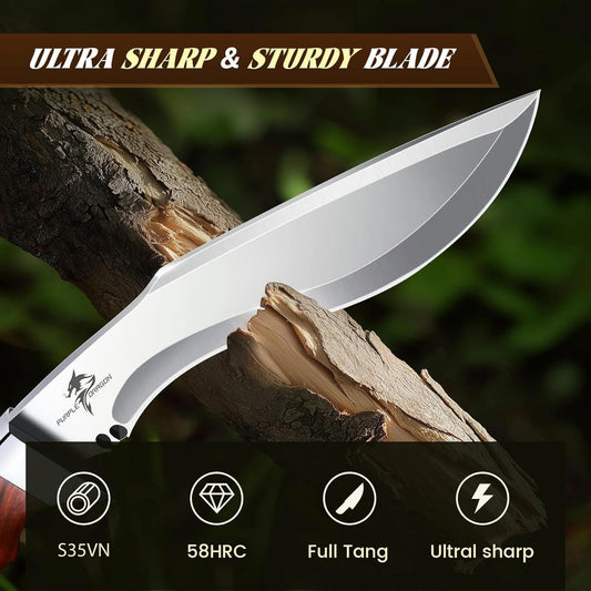 Kukri Knife with Sheath - Heavy Duty Fixed Blade Knife Brown | High Carbon steel, Full Tang Wooden Handle, Gift Box, Large Camping Knives