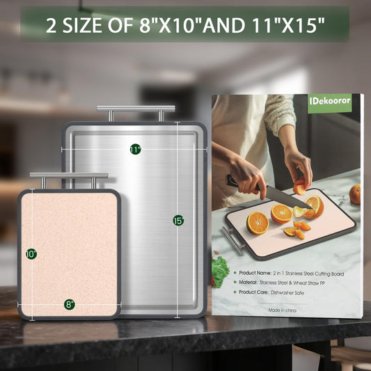 Stainless Steel Cutting Board 8x10" and 15x11", Double Sided Steel Chopping Board for Kitchen, Steel and Wheat Straw PP 2-in-1 Cutting Board for Meat Vegetables Fruits, Dishwasher Safe
